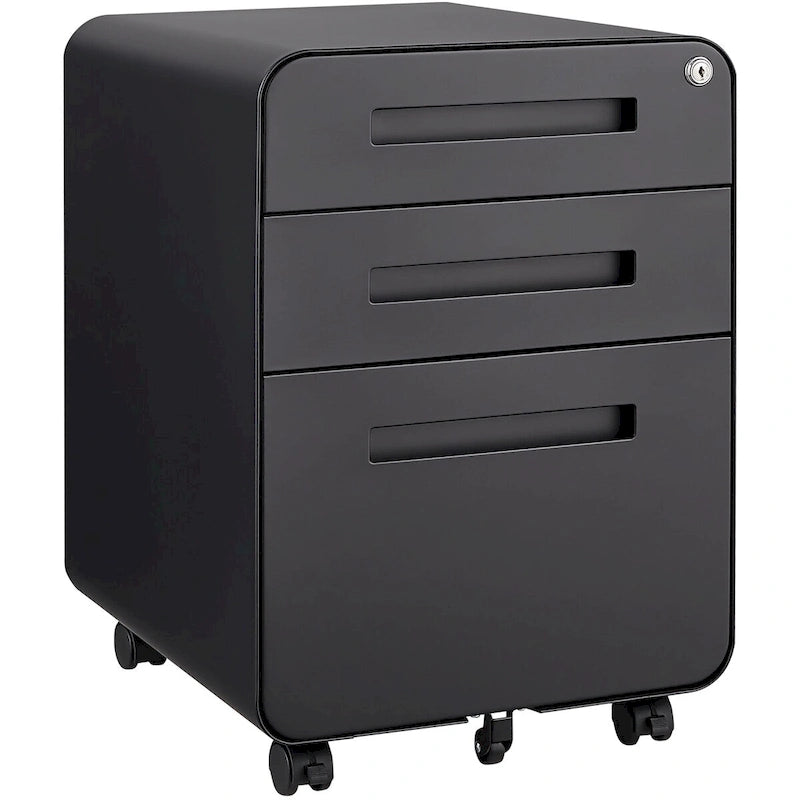 Archivador móvil de 3 cajones, archivador versátil, diseño de 5 ruedas antivuelco, acero laminado en frío, impermeable, a prueba de humedad, negro