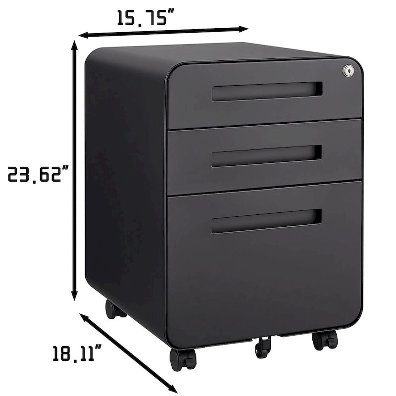 Archivador móvil de 3 cajones, archivador versátil, diseño de 5 ruedas antivuelco, acero laminado en frío, impermeable, a prueba de humedad, negro