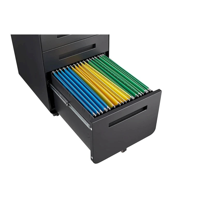Archivador móvil de 3 cajones, archivador versátil, diseño de 5 ruedas antivuelco, acero laminado en frío, impermeable, a prueba de humedad, negro