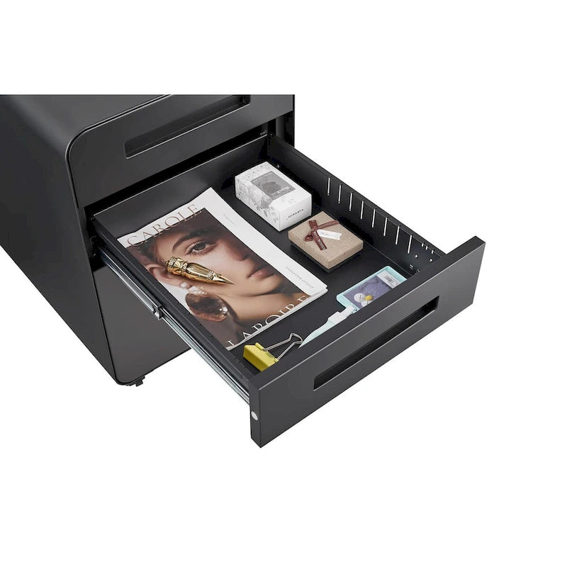 Archivador móvil de 3 cajones, archivador versátil, diseño de 5 ruedas antivuelco, acero laminado en frío, impermeable, a prueba de humedad, negro