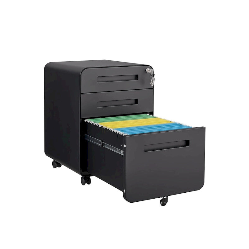 Archivador móvil de 3 cajones, archivador versátil, diseño de 5 ruedas antivuelco, acero laminado en frío, impermeable, a prueba de humedad, negro