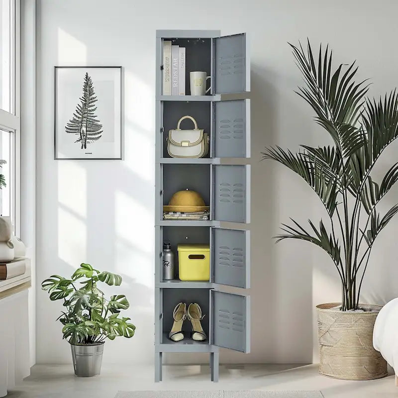 Taquillas metálicas de 5 puertas y 167.6 cm de altura con cerradura para empleados, armario taquilla para gimnasio, oficina, escuela, garaje, gris