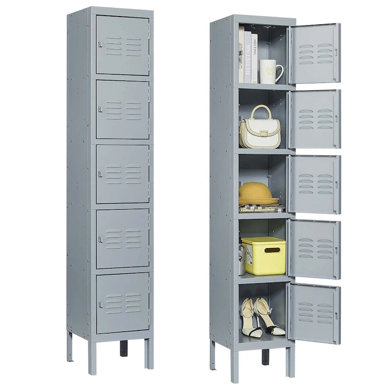 Taquillas metálicas de 5 puertas y 167.6 cm de altura con cerradura para empleados, armario taquilla para gimnasio, oficina, escuela, garaje, gris